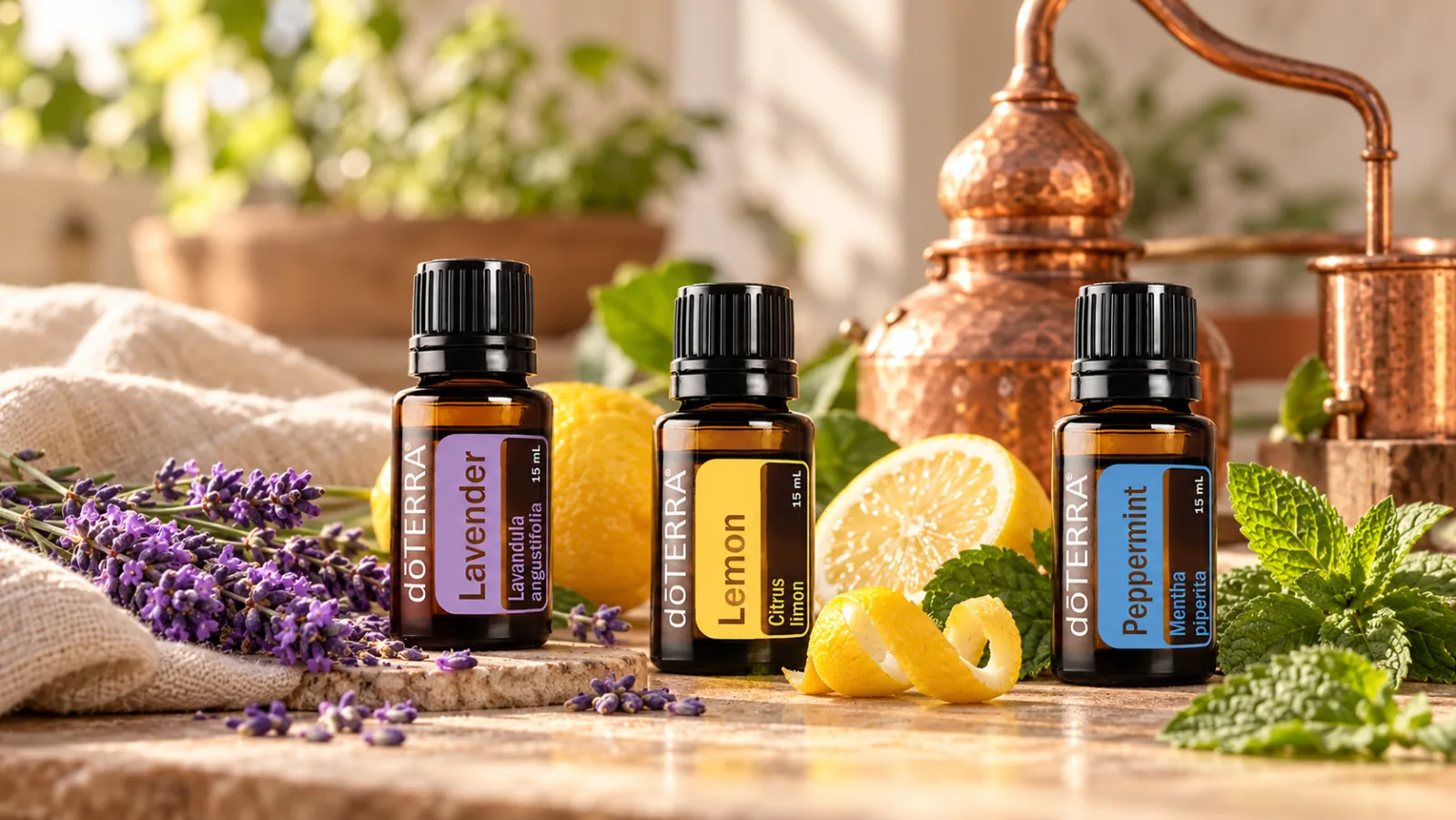 Frascos doTERRA de lavanda, limón y menta junto a lavanda fresca, cáscara de limón, hojas de menta y un alambique de cobre para destilar