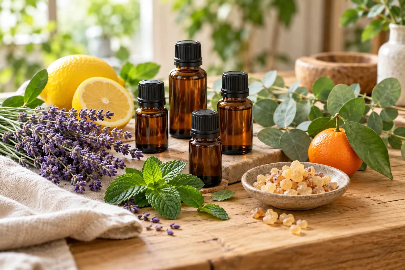 Cuatro frascos ámbar de aceite esencial sobre una mesa de madera, rodeados de lavanda, limón, menta, eucalipto, una naranja y resina de incienso