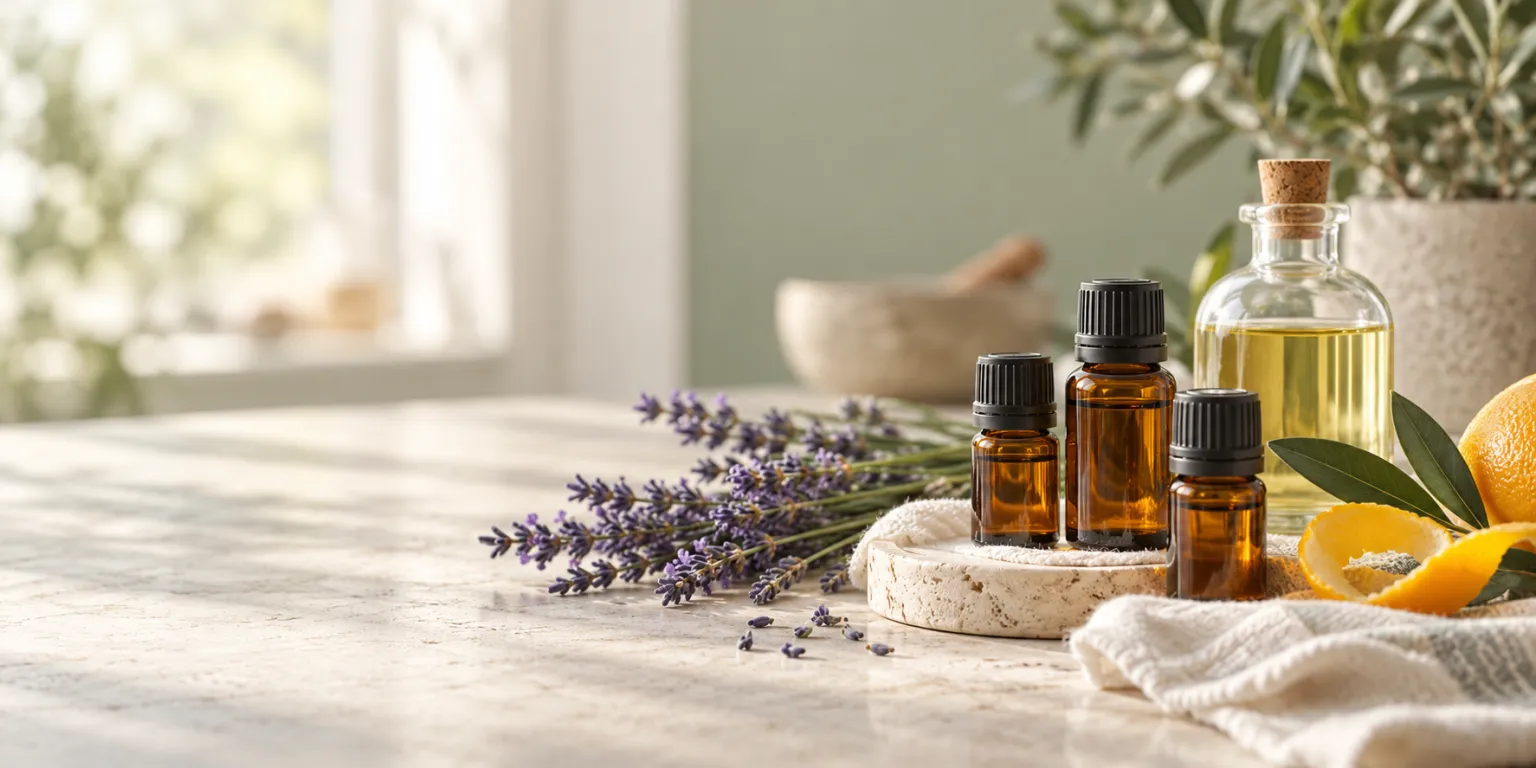 Tres frascos ámbar de aceite esencial junto a ramas de lavanda, una botella de aceite portador con tapón de corcho y cáscara de naranja sobre una mesa de piedra