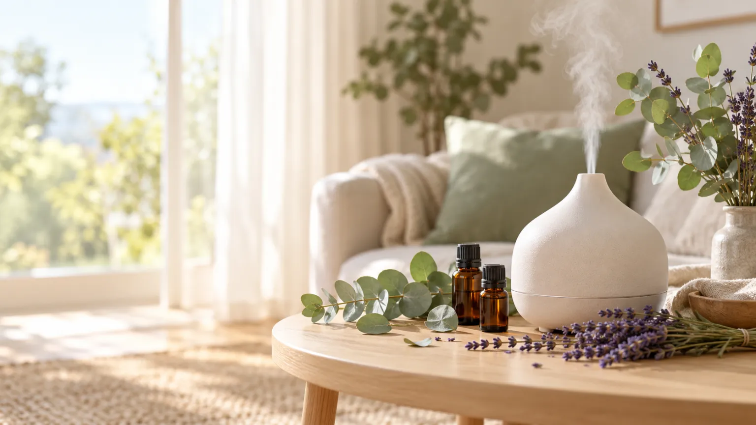 Difusor blanco encendido sobre una mesa de madera junto a dos frascos ámbar de aceite esencial, ramas de eucalipto y lavanda, en una sala luminosa