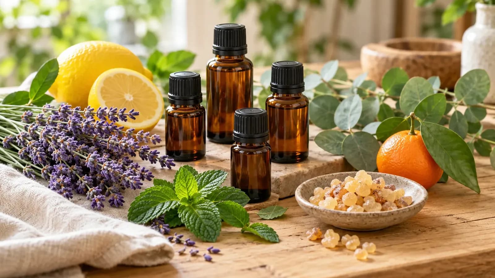 Frascos ámbar junto a lavanda, limón, hojas verdes y una toalla sobre una mesa de madera