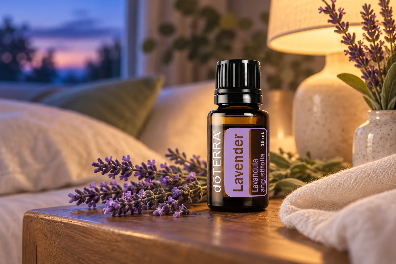 Aceite doTERRA Lavender junto a lavanda fresca en una mesa de noche